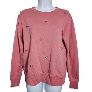 Rachel Parcel Pink Pearl Embellished Crewneck Fleece Sweater Women's S